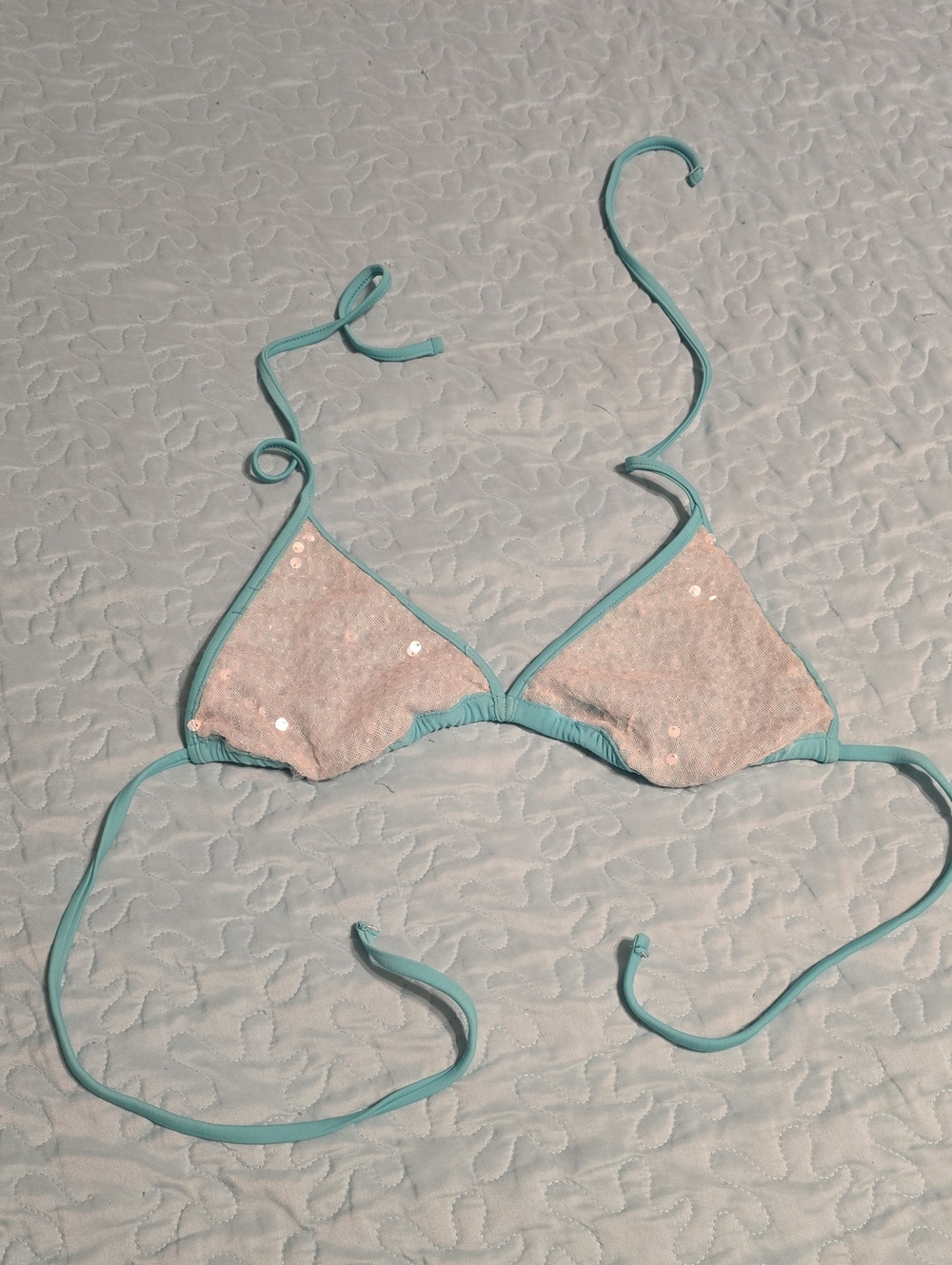 Charlotte Russe White And Turquouse Sequin Triangle Bikini Top